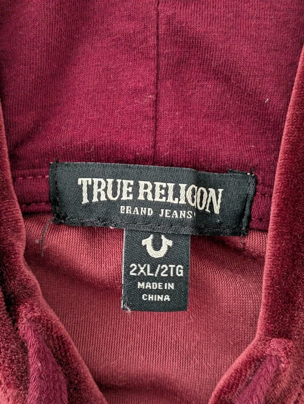 True Religion Hoodie Men's XXL Velour Burgundy Full Zip Fashion For The Senses